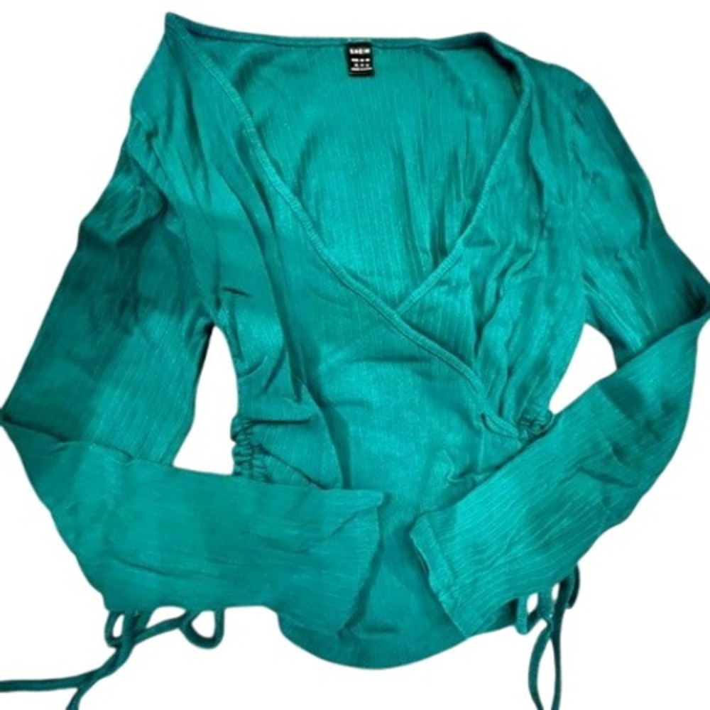 SHEIN Wrap Top Women XL Emerald Green Ribbed Ruched Long Sleeve Surplice
